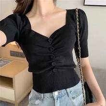 Top corto de punto de manga corta para mujer, jersey con cuello de corazón, blusa, prendas de punto ligeras, traje Y2K de primavera y verano de los años 90 para adolescente - Negro - Ver 4