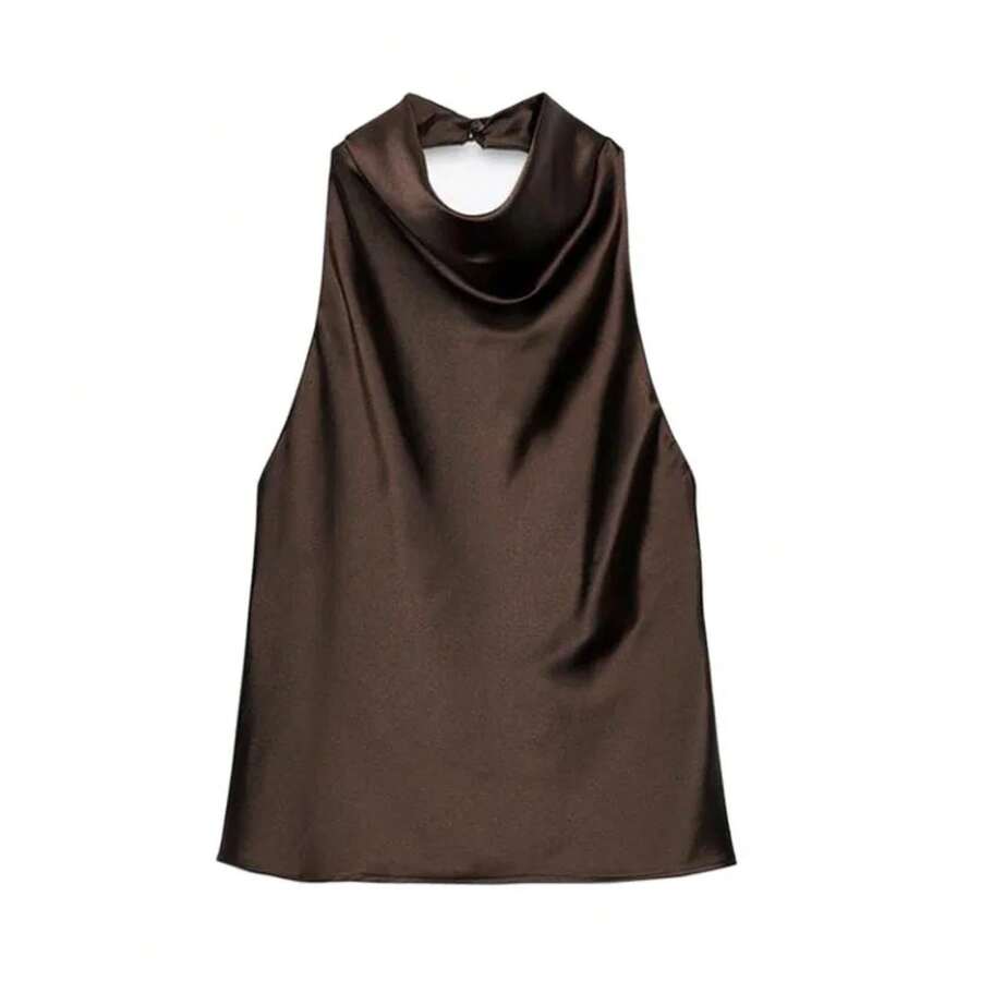 MUJER-Tops con cuello Halter para mujer, Top corto de satén con espalda descubierta, Tops de playa con hombros descubiertos para mujer, camisola Sexy, Top sin mangas para mujer - Marrón - Ver 1