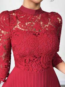 Vestido largo de manga larga con parches de bordado de ojal amarillo para mujeres - Burdeos - Ver 2
