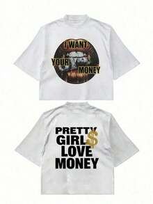 Fly "I Want Your Money" Hip-Hop Style T-Shirt, 100% Cotton, Double-Sided Print, Suitable For Men And Women, The Best Gift For Summer, Casual Short Sleeve T-Shirt - Premium Cotton T-Shirts With Graphic Print And Round Neck - Unisex Loose Fit T-Shirt, Comfortable, Urban Vintage Style. - 白色 - 查看 5