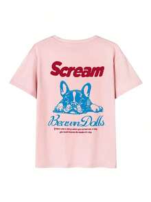 Women's Summer T-Shirt, American Vintage Style, Cream Color, With French Bulldog Print, Loose Fit, Versatile, Short Sleeve, Casual, White - ピンク - 查看 5