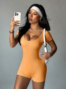 Conjunto de ropa activa con elasticidad alta y sin costuras, mono de yoga - Naranja - Ver 2