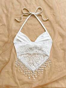 Nuevo atuendo casual de vacaciones, boda en la playa, invitado de boda, graduación, brunch, Día de San Patricio, vacaciones de primavera, Pascua, festival de música, elegante, bohemio, tropical, blusa de atar al cuello con espalda anudada, camiseta - Blanco - Ver 2