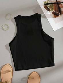 Top de punto acanalado con bordado de letras, camiseta gráfica para mujer - Negro - Ver 2