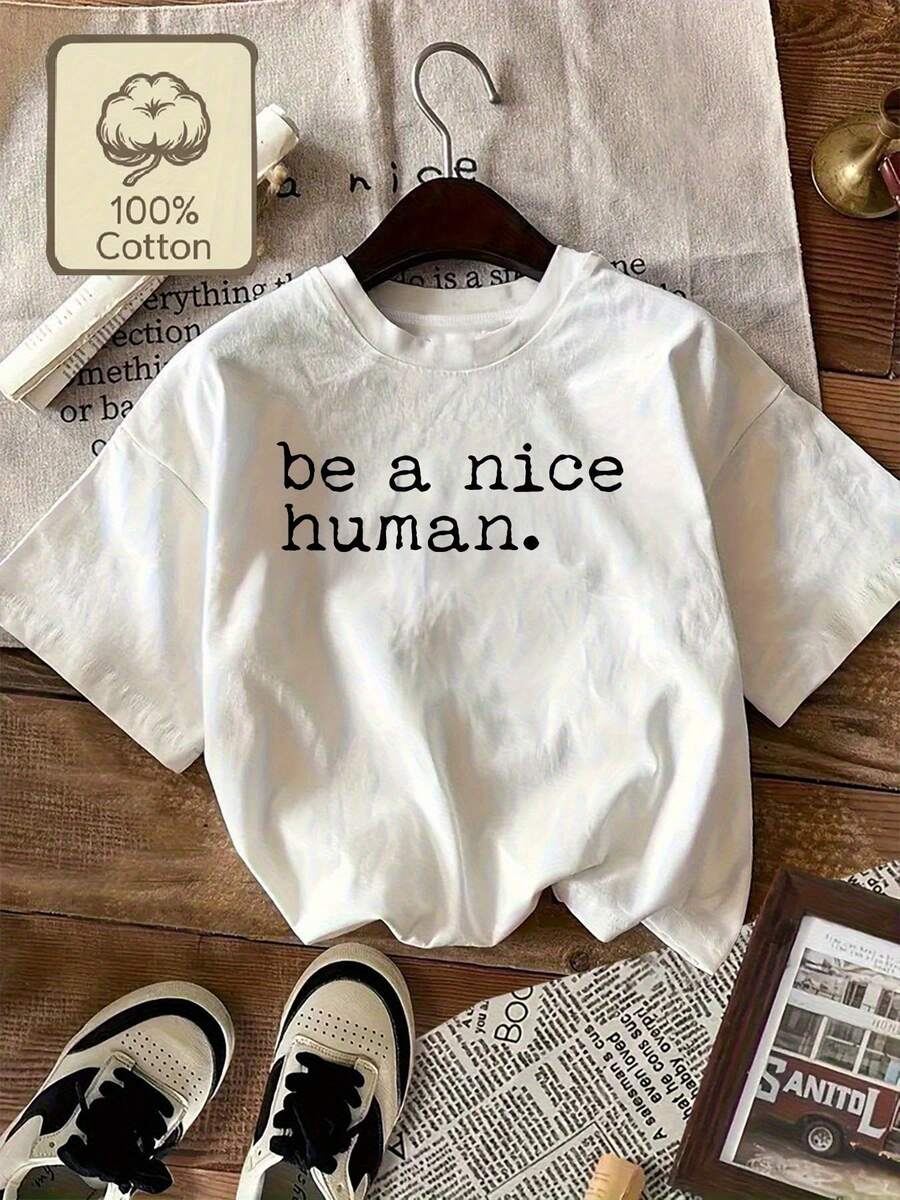 Camiseta de mujer Nice Human Reminder estampada, de cuello redondo y manga corta, de nueve colores, imprescindible para primavera y verano, cómoda, FUSE - Blanco - Ver 1
