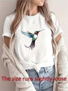 Camiseta ligera de colibrí y floral de las mujeres - manga corta cuello de la tulación Top de verano con impresión de pájaro vibrante, blusa casual adecu para tres de primavera, ropa de playa, picnic, tre casual, camiseta colorida lavable a la máquina - Blanco - Ver 10