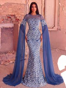 Faeriesty Đầm dạ hội nữ cổ tròn đính sequin, tay dài kiểu áo choàng, chân váy đuôi cá màu xanh thanh lịch với chi tiết tua rua và khóa kéo. - Màu xanh bụi bặm - Xem 4