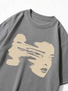 Camiseta de manga corta para mujer estampado rostro abstracto y letras estilo vintage alta calidad algodón puro lavado cuello redondo corte holgado estilo urbano estilo hip hop temporada de verano blusas para mujer camiseta de mujer nacional envio - Gris - Ver 12
