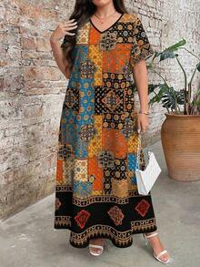 Plus Size Women's Retro Floral Print V-Neck Short Sleeve Maxi Dress, Elegant Summer Holiday Dresses - 彩色 - 查看 5