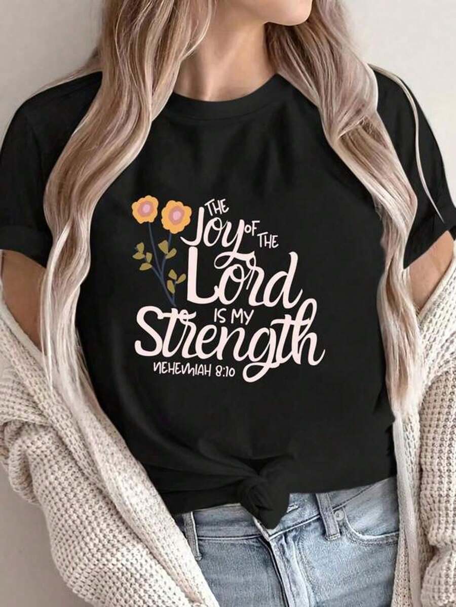 Camiseta de cuello redondo para mujer, tejido de  100%, estampado de flores geométricas y letras, longitud regular, comodidad para todas las estaciones, 180g - Diseño de escritura La alegría del Señor es mi fuerza