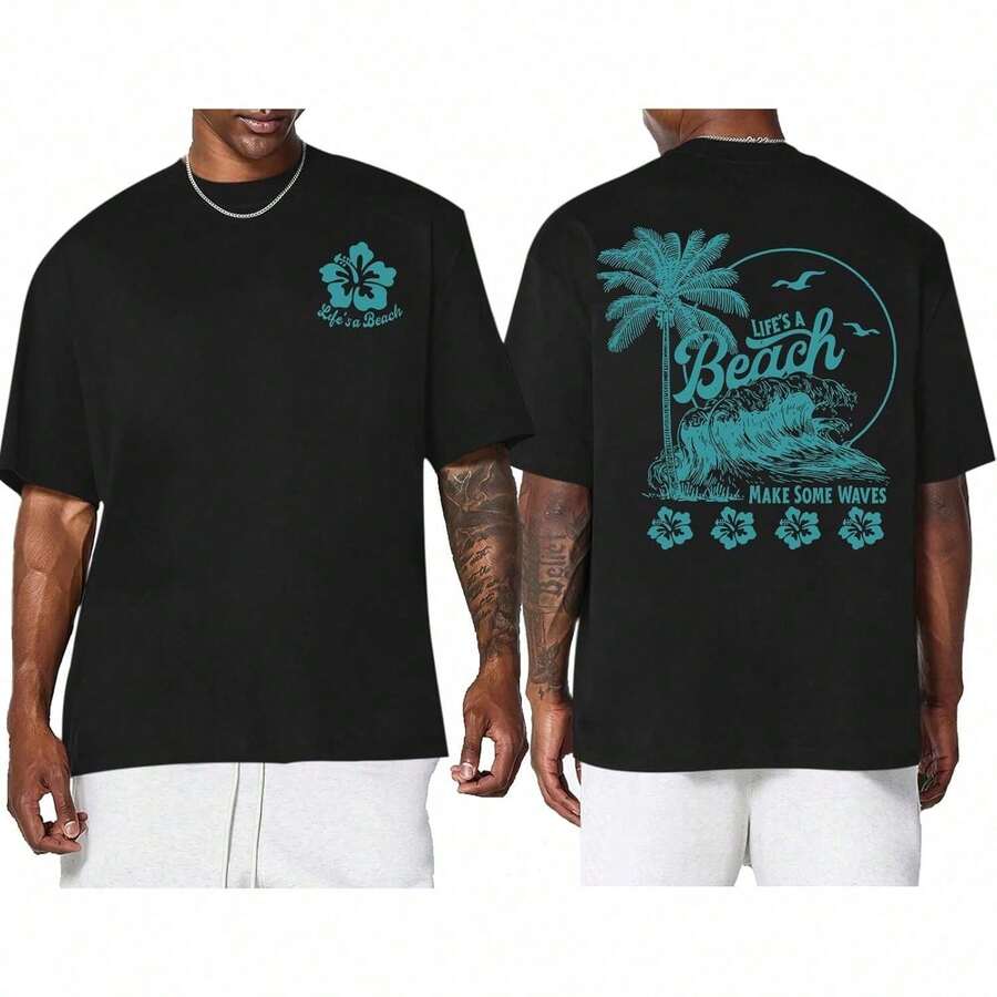Camisetas Gráficas para Hombre con Estampado de Flor de Hibisco y Palmera, Camisetas de Playa, Camiseta Casual de Algodón de Talla Grande, Top de Verano 7F15 - Negro - Ver 1