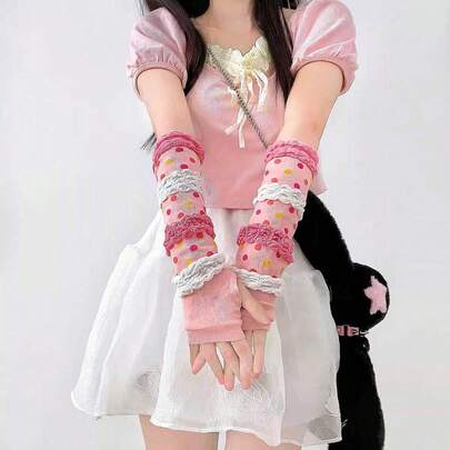 Autumn And Winter Dopamine Arm Sleeves For Women, Japanese Cute Pink Lolita Girl Y2k Hot Girl Sun Protection Gloves And Arm Sleeves