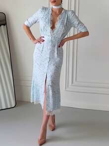 Vestido elegante cuello V con estampado y combinación de encaje nueva primavera estilo moda europea para mujer - Azul - Ver 6