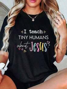 New Women's Pure Cotton T-Shirt, Summer 2026, Soft Cotton T-Shirt For Women, Local Shipping - Elegant Pure Cotton Casual Clothing For Women, 100% Retro Cotton, Christian Teacher T-Shirt 'I Teach Tiny Humans About Jesus', Versatile Casual Printed Top, Suitable For Spring, Summer And Autumn - 黑色 - 查看 6