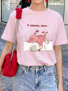 1 Women's Summer T-Shirt With Round Neck And Short Sleeves, Printed With The Phrase "Sleeping Cat" In English, Suitable For Summer, Beach, Street, And Everyday Party Occasions. Y2K Stylish Vacation Top, Casual Summer Outfit, Women's Holiday Clothes - 粉色 - 查看 2