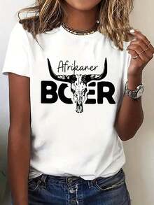 Camiseta Casual Estilo Arte Moderno, Camiseta de Manga Corta para Mujer a la Moda - Diseño de Cabeza de Yak, Transpirable y Cómoda, Cuello Redondo Casual, Tela Ligera, Adecuada para Viajes Diarios y Reuniones, Mostrando Tu Encanto. 100% Algodón, Duradera. - Blanco - Ver 7