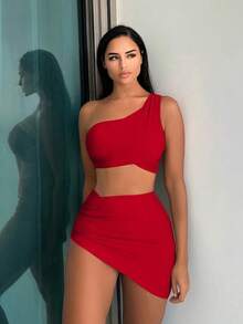 Swim Vcay Bikini minimalista de 2 piezas de color liso para vacaciones en la playa en verano 2025 - Rojo - Ver 7