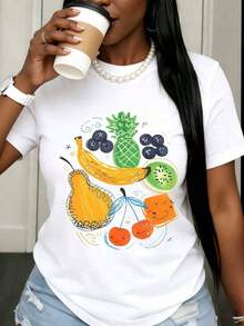 Women's Casual White T-Shirt With Fruit Print, Summer Casual Top With Pineapple, Banana, Pear, Cherry And Kiwi Design For Daily Wear And Vacation Style. - 白色 - 查看 1