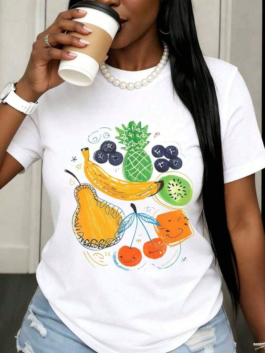 Women's Casual White T-Shirt With Fruit Print, Summer Casual Top With Pineapple, Banana, Pear, Cherry And Kiwi Design For Daily Wear And Vacation Style. - 白色 - 查看 1