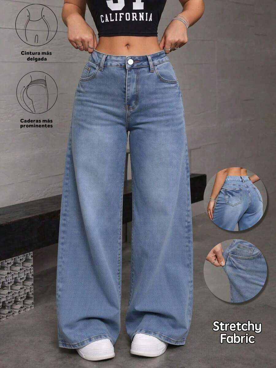Straight-Leg Dark Blue Denim Jeans With A Butt-Lifting Effect And A Loose, Stretchy Fit - Light Wash - View 1
