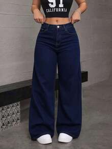 Jeans rectos de mezclilla azul oscuro efecto levantador de glúteos elásticos sueltos - Azul lavado oscuro - Ver 2