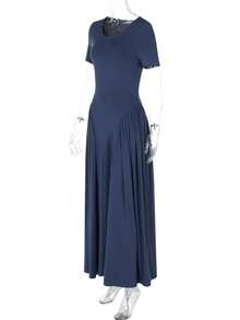 Vestido mujer verano manga corta cuello U liso ajustado elegante estilo europeo  moda - Azul Marino - Ver 8