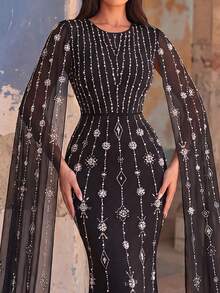 Faeriesty Đầm dạ hội nữ cổ tròn tay phồng đính kim cương, tay áo phồng xuyên thấu mộng mơ, thích hợp cho tiệc chiêu đãi, tiệc thời trang, dạ hội, kỷ niệm và các sự kiện xã hội sang trọng như đám cưới. - màu đen - Xem 1