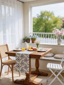 1pc Spring & Summer Fresh Blue Floral Rectangular Table Runner, Farmhouse Style, Washable Dining Table, Coffee Table, Cabinet Cover Cloth, Tabletop Decor, Suitable For Countryside Gatherings, Picnics, Parties, Festivals, All Seasons, Spring & Summer - Blue Willow Flowers - View 6