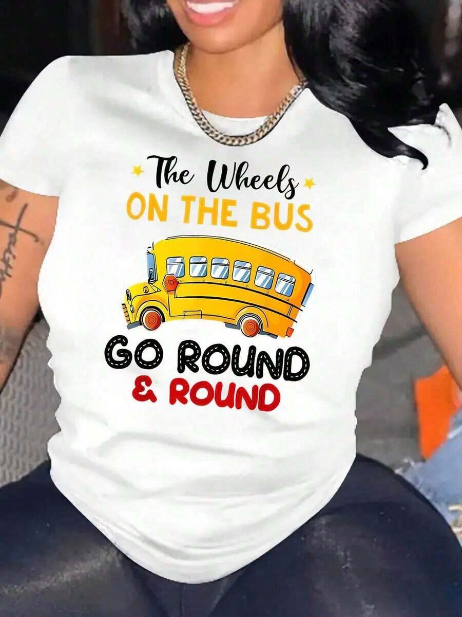 Women's Short-Sleeved T-Shirt With A Creative English Bus Pattern, Casual And Sporty Style, Comfortable For Summer And Holidays. Standard Casual T-Shirt For Women, Breathable And Lightweight. - 白色 - 查看 1