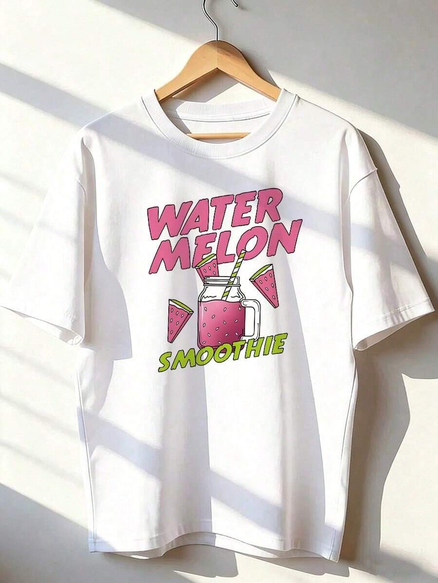 Watermelon Smoothie Design T-Shirt, Short-Sleeve T-Shirt For Spring/Summer 2026, Made In Mexico, 180 Grams. Cartoon Print, Couple Design, Suitable For Indoor Or Outdoor Wear. Crew Neck, Unisex, Ideal For Office And Leisure. One-Pack. - WH-P631577SLNDXZGY427 - 查看 1