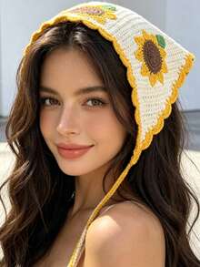 1 pieza Pañuelo triangular de ganchillo con flores, diadema floral linda & dulce para decoración de vacaciones en la playa, accesorios de cabello de verano para mujeres, pañuelos - Multicolor - Ver 1