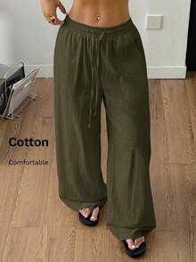 100% Cotton Washed White Trousers, Basic Minimalist Bohemian Style, For Summer Concerts, Outings And The Beach - 卡其色 - 查看 4