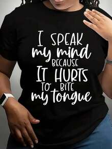 Humorous And Bold Women's T-Shirt With The Phrase "I Speak My Mind" - Stretchy And Non-See-Through Top With A Strong Slogan That Promotes Body Positivity And Confidence - 黑色 - 查看 1