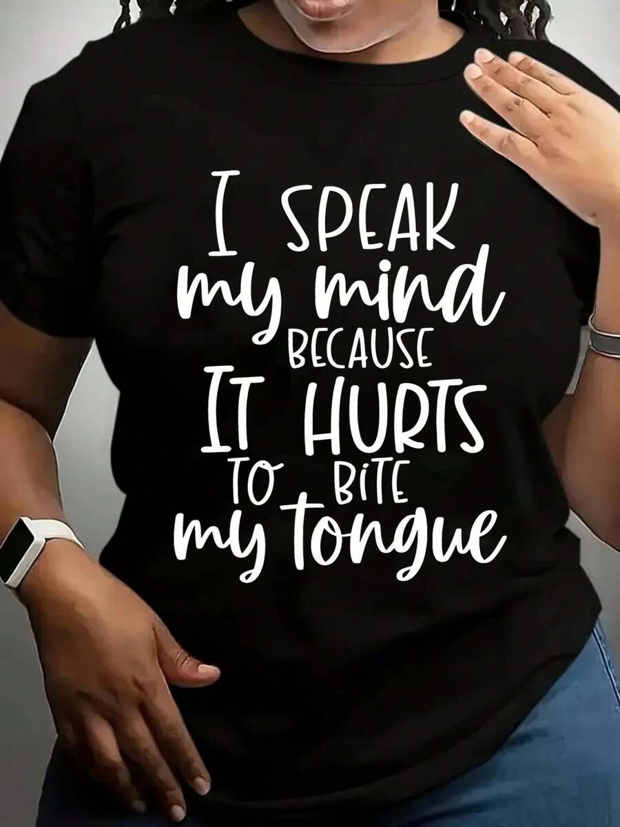 Humorous And Bold Women's T-Shirt With The Phrase "I Speak My Mind" - Stretchy And Non-See-Through Top With A Strong Slogan That Promotes Body Positivity And Confidence - 黑色 - 查看 1