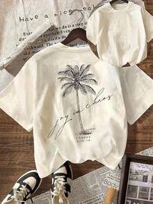 Women's Summer T-Shirt, Casual, With Palm Tree Print, Round Neck, Short Sleeve, White, 100% Cotton - 杏色 - 查看 1