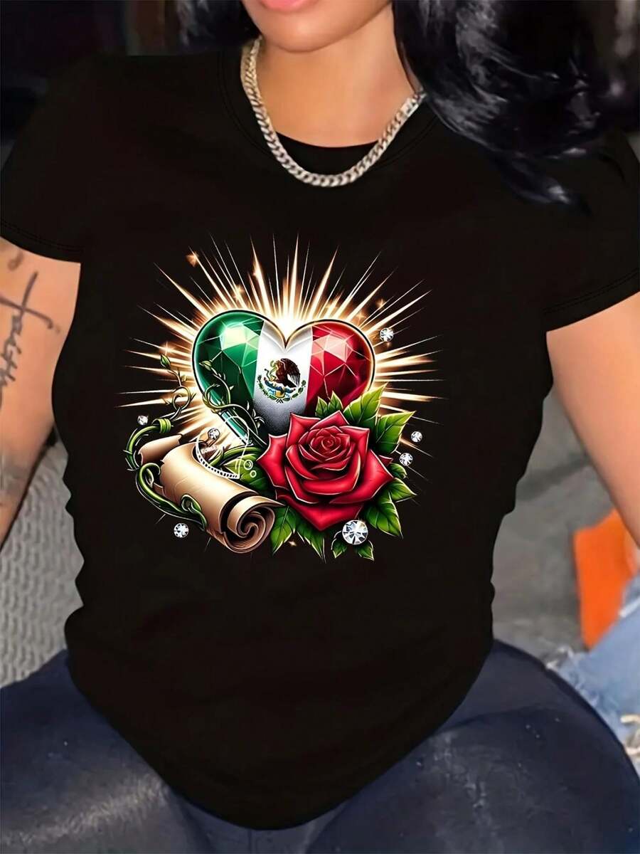 Women's T-Shirt With Heart And Floral Design Of The Mexican Flag - Round Neck Short Sleeve In Cotton, Roses, Patriotic Motifs And Decorative Print, Lightweight And Breathable For Summer, Machine Washable, Casual Cultural Fashion - 黑色 - 查看 1