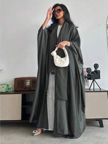 Conjunto de túnica holgada de unicolor con mangas de murciélago & pañuelo de cabeza, estilo árabe de Oriente Medio, ropa de primavera y otoño - gris-negro - Ver 7