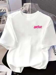 180g Cotton Short-Sleeved T-Shirt - Short-Sleeved T-Shirt With Front And Back Print - AMOUR, Love Phrases In French - Fashionable Printed T-Shirt For Women, Spring/Summer, Short Sleeve, For All Seasons, Fashion Clothing - Unisex. - 白色 - 查看 3