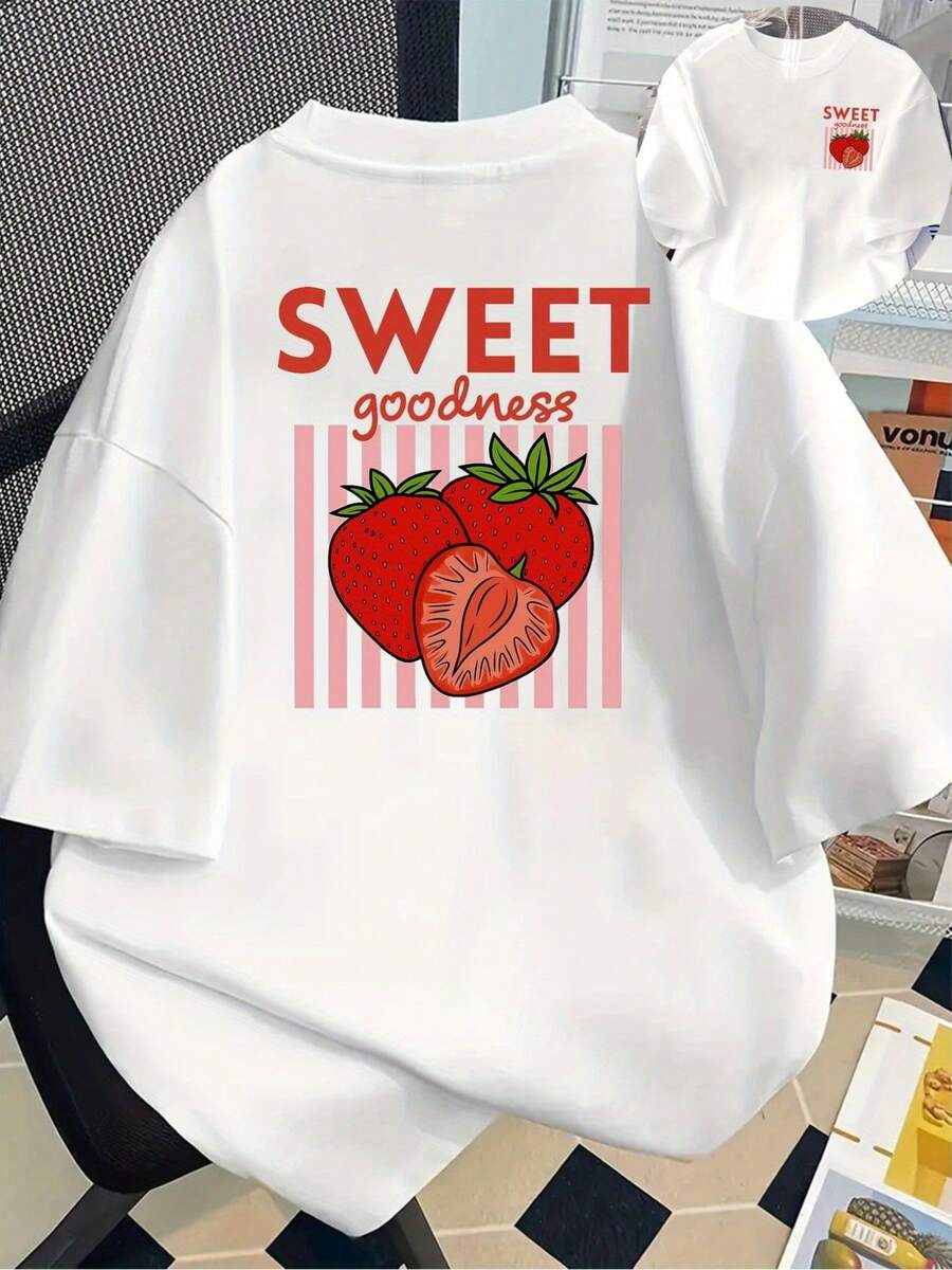 180g Cotton Short Sleeve T-Shirt - Short Sleeve T-Shirt With Front And Back Print - Strawberry, Sweet - Fashionable Printed T-Shirt For Women, Spring/Summer, Fashion Item, Versatile Casual Wear - Unisex. - 白色 - 查看 1