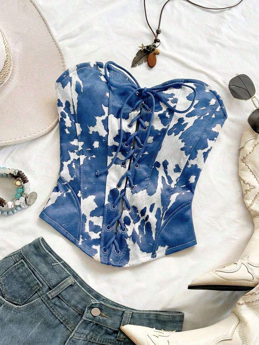 Top corto de suede sexy con lazo, remaches y diseño deconstructivo, adecuado para vacaciones, citas, té de la tarde, vacaciones, festivales de música, estilo bohemio, cruceros, playa, verano - Azul y blanco - Ver 1