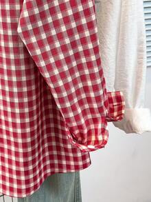 Áo sơ mi nữ dài tay kẻ caro xanh dương, chất liệu polyester, kiểu dáng thường ngày. - Đỏ - Xem 8