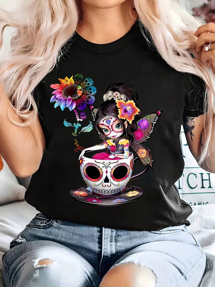 Women's Halloween T-Shirt With Skull And Flower Print - Casual Round Neck Short Sleeve Top With Vibrant Day Of The Dead Design, Ideal For Halloween, Day Of The Dead And Casual Outfits, Halloween T-Shirts - 黑色 - 查看 1