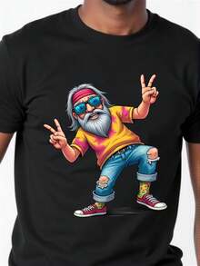 Men's Retro Hippie Graphic T-Shirt - Vintage Black Tee With Peace Symbols, Original Characters, And Denim Sneakers - Comfortable Garment For Concerts, Festivals, And Everyday Wear - Available In Sizes S-XXL, Festival Wear, Floral Design T-Shirt - 黑色 - 查看 6