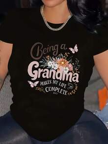 Women's Grandma T-Shirt 2026 | Y2K Style T-Shirt With Floral Print And The Phrase "Be Like A Grandma", With Space For Descendants' Names - Short Sleeve, Crew Neck, Casual Style - Machine Washable - Standard Fit - All Season T-Shirt. - 黑色 - 查看 1