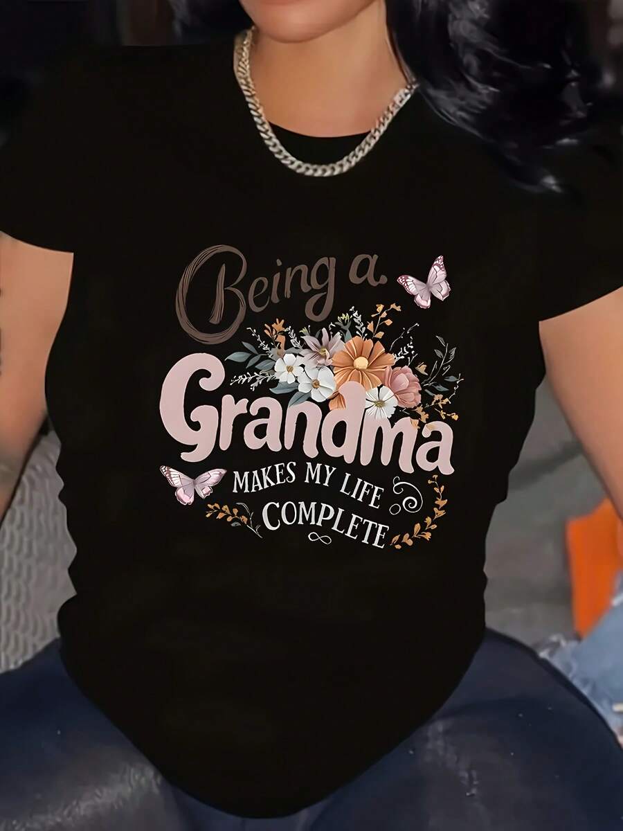 Women's Grandma T-Shirt 2026 | Y2K Style T-Shirt With Floral Print And The Phrase "Be Like A Grandma", With Space For Descendants' Names - Short Sleeve, Crew Neck, Casual Style - Machine Washable - Standard Fit - All Season T-Shirt. - 黑色 - 查看 1