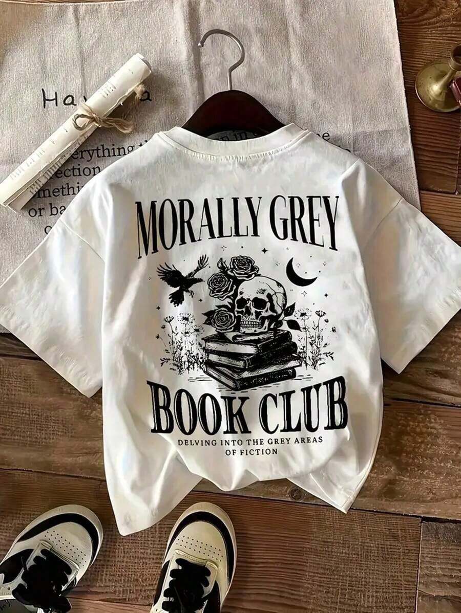 Camiseta para Mujer FASHIOGIRL Book Club - Casual y Cómoda, Estampado de Calavera y Libro, Manga Corta, Cuello Redondo - Mezcla de Poliéster Suave, Top de Primavera/Verano, Regalo para Amantes de los Libros - Blanco - Ver 1