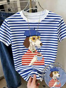 Women's Casual Summer T-Shirt With Round Neck, Blue Striped Print And Lettering, Short Sleeves And Loose Fit, For Everyday Wear, Going To Work Or On Vacation - 彩色 - 查看 1