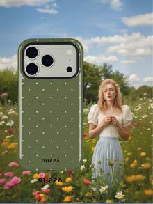 GIIPPA 1件橄欖綠底色配淡粉色波點圖案設計，Phone 17 Pro Max 手機殼，相容於 Phone 16 Pro Max、15 Pro Max、14 Pro Max，韓式高端時尚趣味手機殼，相容於 11/12/13/14/15/16 Pro Max Plus，優雅設計適合男女使用，復活節、婚禮季和生日送給女友的完美禮物！ - 橄欖綠 - 查看 5