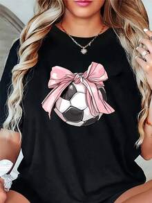 Women's Casual Short-Sleeved Sports T-Shirt With Football Print - 黑色 - 查看 1