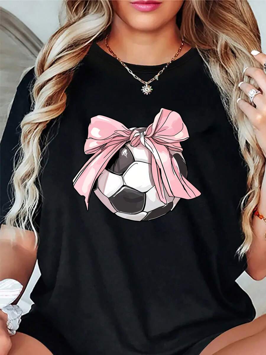 Women's Casual Short-Sleeved Sports T-Shirt With Football Print - 黑色 - 查看 1